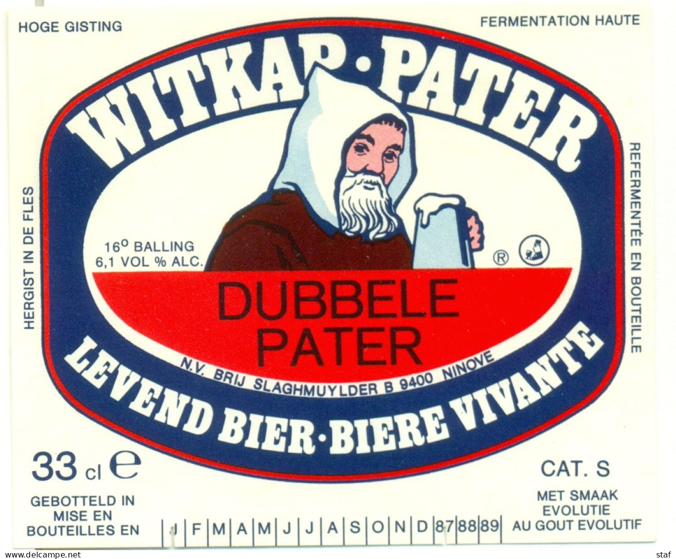 Oud Etiket Bier Witkap Pater Dubbele Pater - Brouwerij / Brasserie Slaghmuylder Te Ninove - Bière
