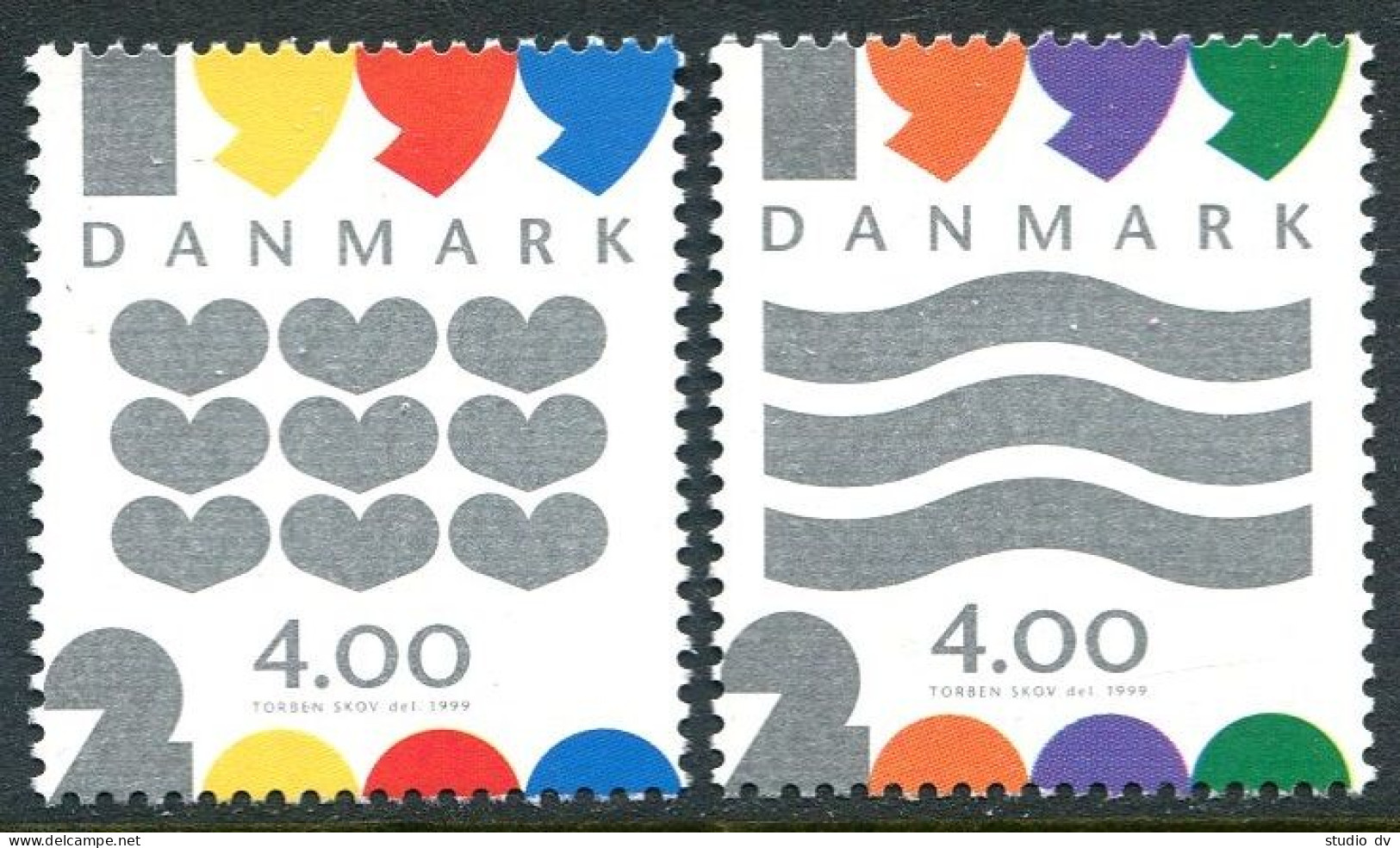 Denmark 1167-1168, MNH. New Year 2000. 1999. Hearts, Wavy Lines. - Nuevos