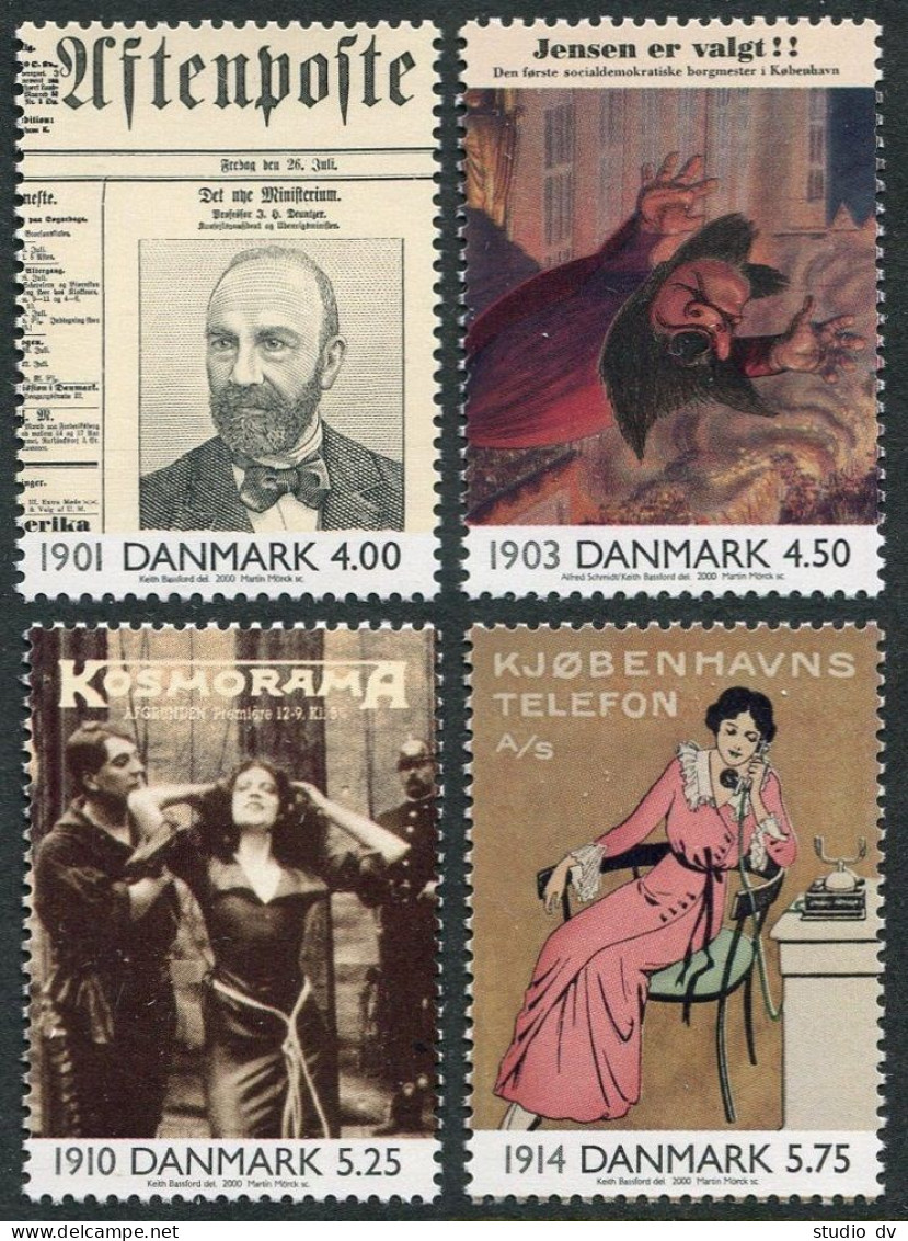 Denmark 1169-1172, MNH. The 20th Century, 2000. Prof.Deuntzer, Newspaper, Actors - Unused Stamps