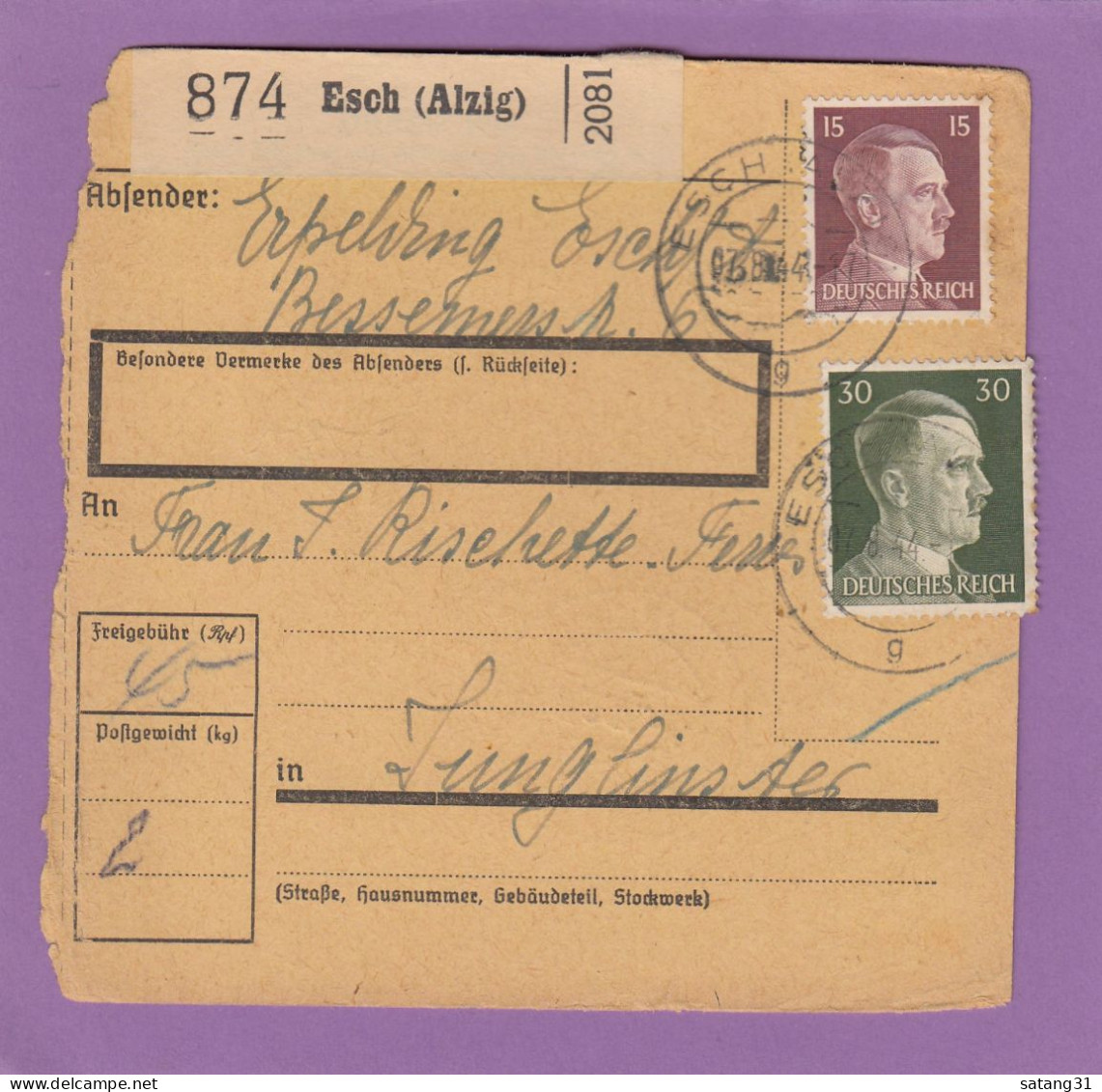 PAKETKARTE AUS  ESCH/ALZIG  NACH JUNGLINSTER,SPÄTVERWENDUNG 7-8-1944. - 1940-1944 German Occupation