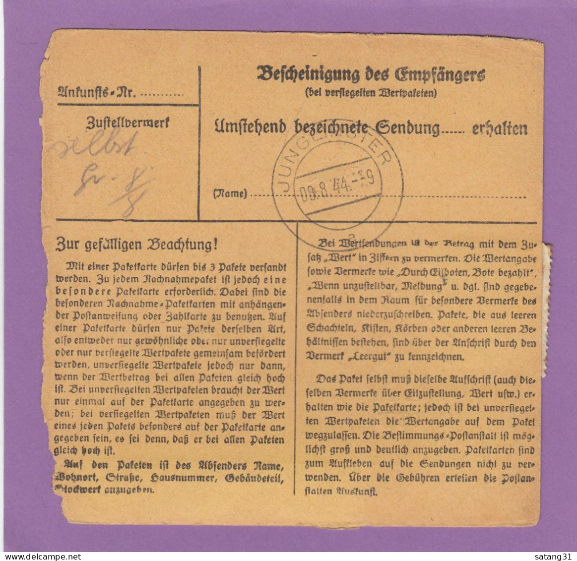 PAKETKARTE AUS  ESCH/ALZIG  NACH JUNGLINSTER,SPÄTVERWENDUNG 7-8-1944. - 1940-1944 Occupazione Tedesca