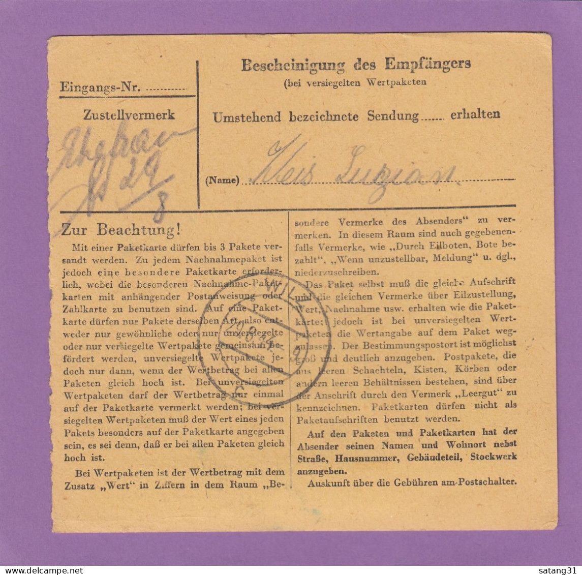 PAKETKARTE AUS  LUXEMBURG NACH NIEDER-WILZ,SPÄTVERWENDUNG 18-8-1944. - 1940-1944 Ocupación Alemana