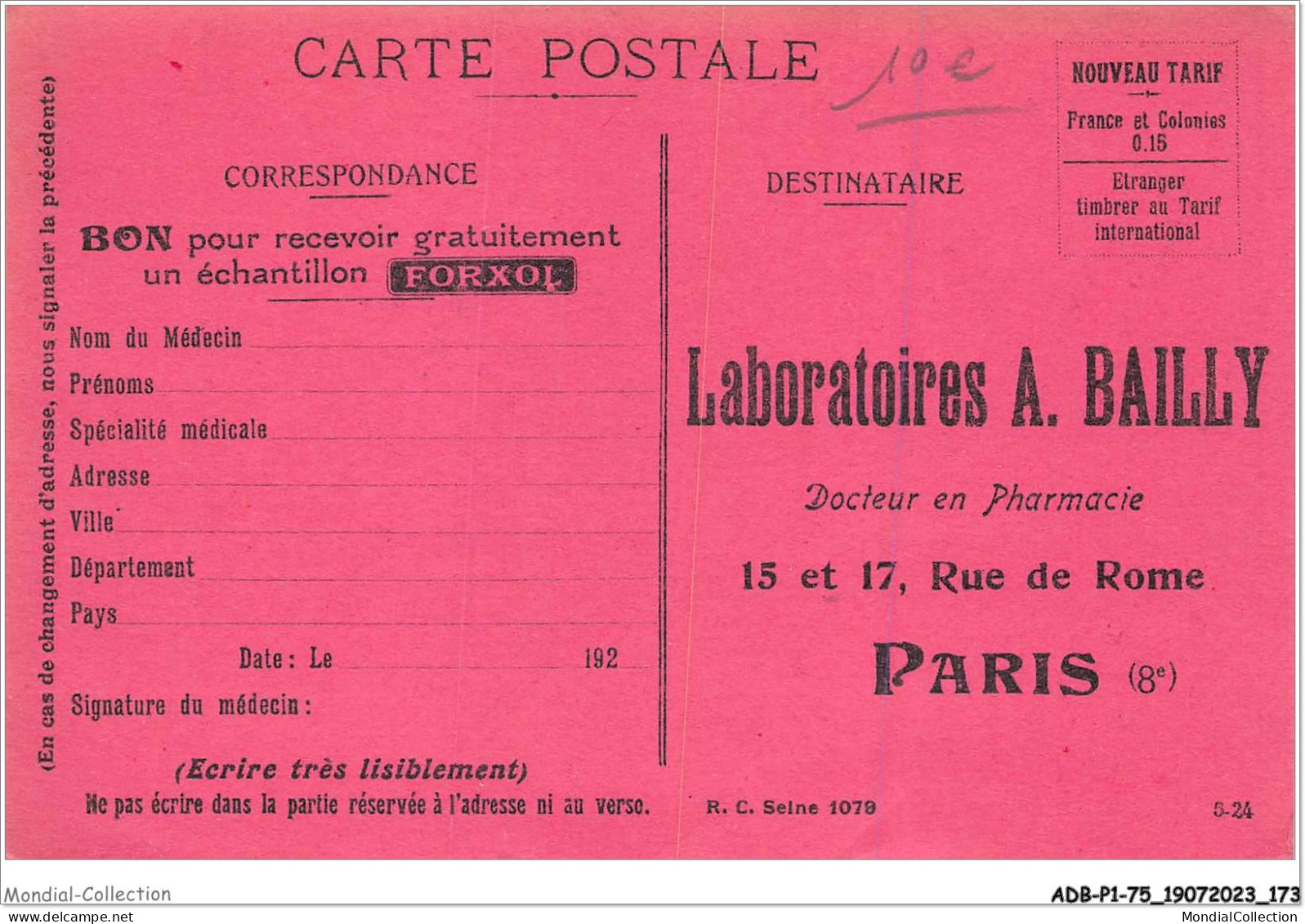 ADBP1-75-0087 - PARIS - Laboratoires A Bailly - Pharmacie De Rome CARTE PUBLICITAIRE - Gesundheit, Krankenhäuser