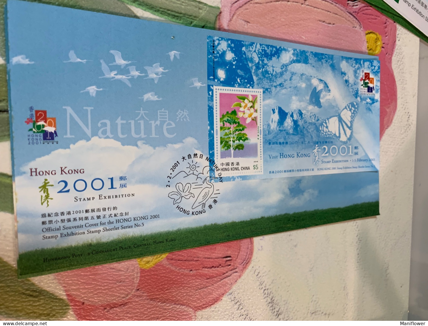 Hong Kong Stamp FDC 2001 Tree Butterflies Lion Mountain Birds Flying - Neufs