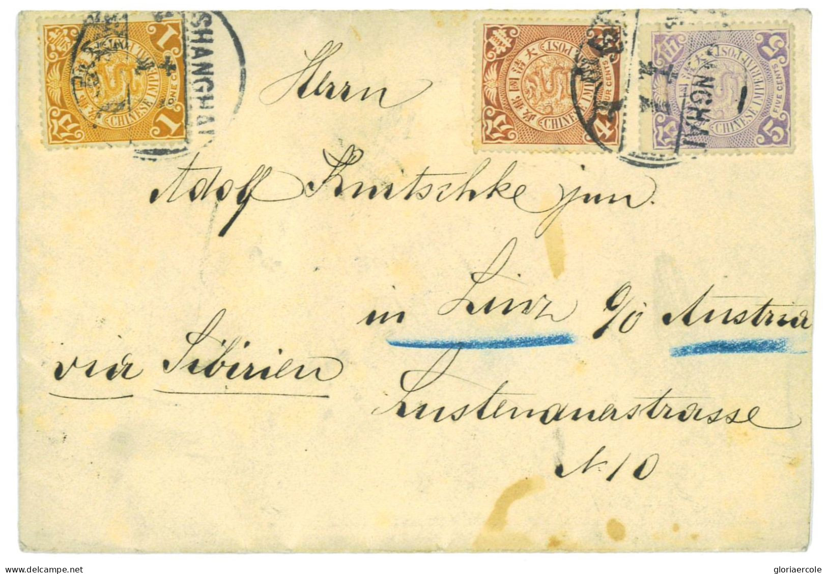 P2774 - 3 COLOUR ENVELOPPE FROM SHANGAI TO AUSTRIA 1909 - Covers & Documents