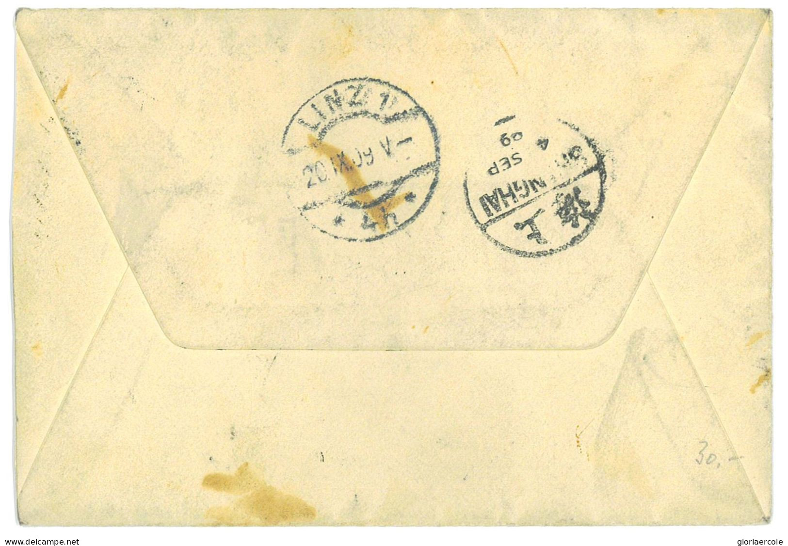 P2774 - 3 COLOUR ENVELOPPE FROM SHANGAI TO AUSTRIA 1909 - Brieven En Documenten