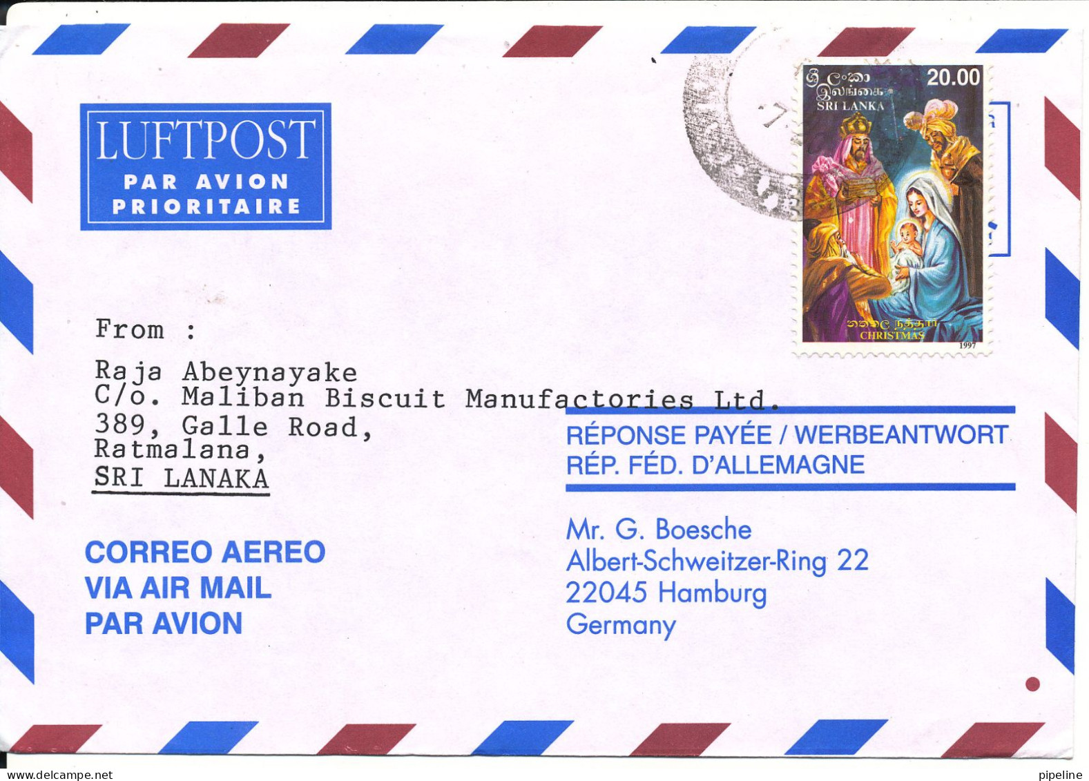 Sri Lanka Air Mail Cover Sent To Germany 20-7-1998 Single Franked CHRISTMAS - Guatemala