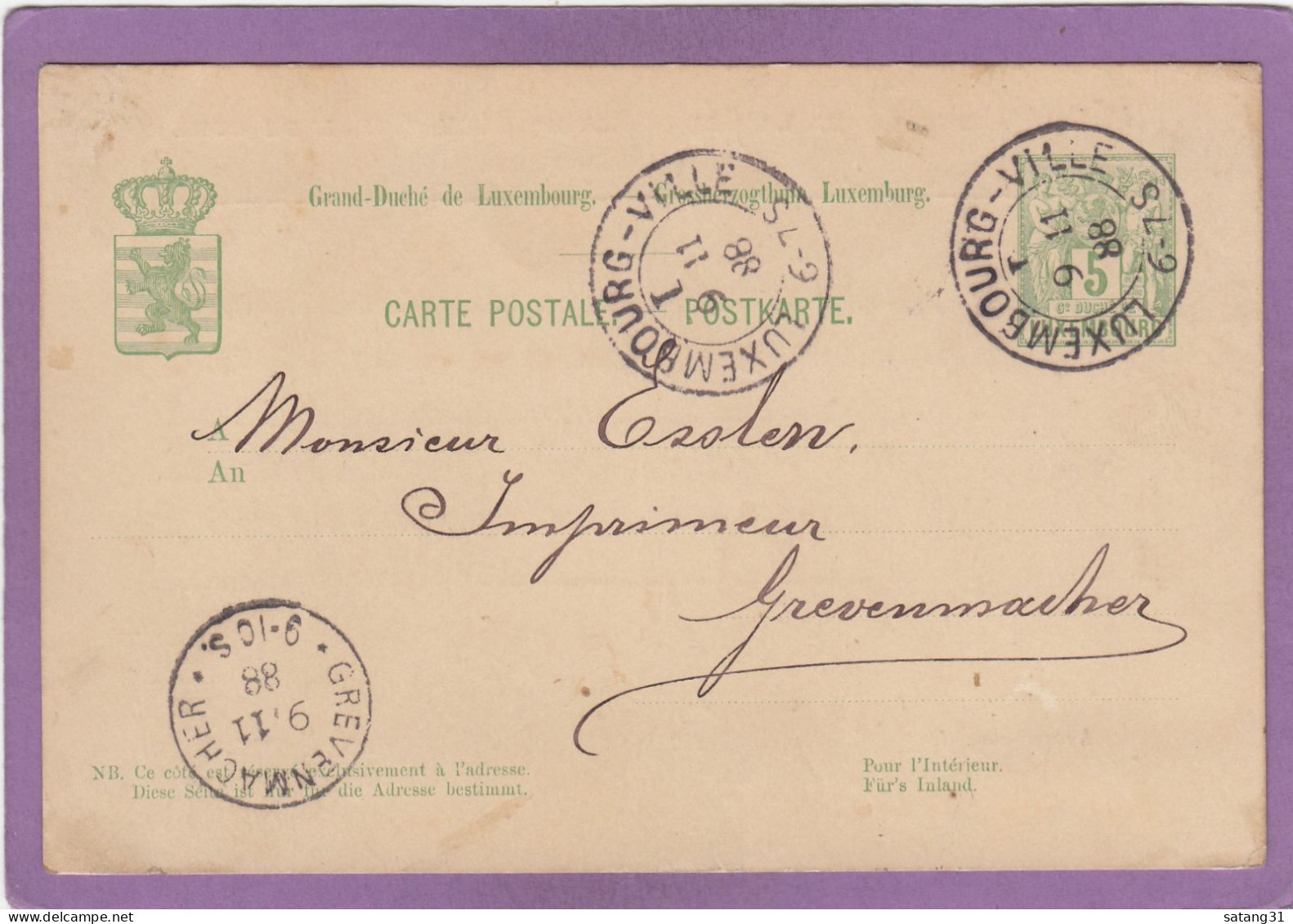 ENTIER POSTAL AVEC REPIQUAGE "LIBRAIRIE DE LA COUR VICTOR BRUCK A LUXEMBOURG" POUR GREVENMACHER. - Stamped Stationery