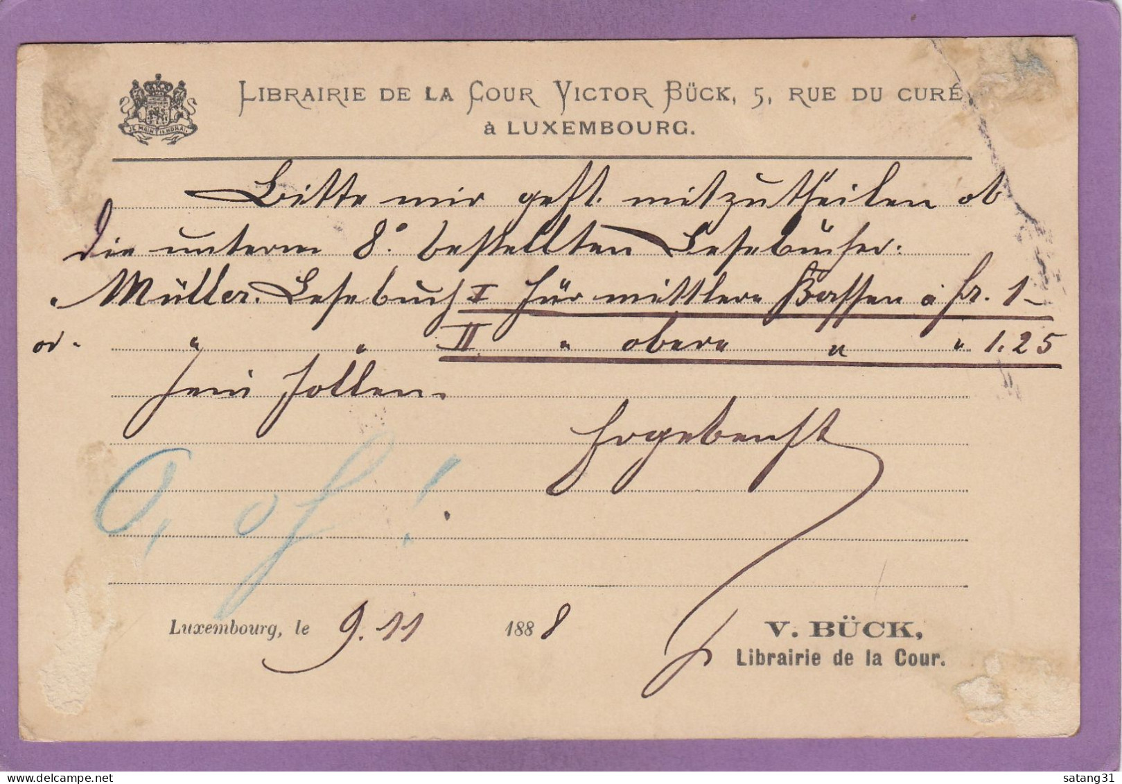 ENTIER POSTAL AVEC REPIQUAGE "LIBRAIRIE DE LA COUR VICTOR BRUCK A LUXEMBOURG" POUR GREVENMACHER. - Interi Postali