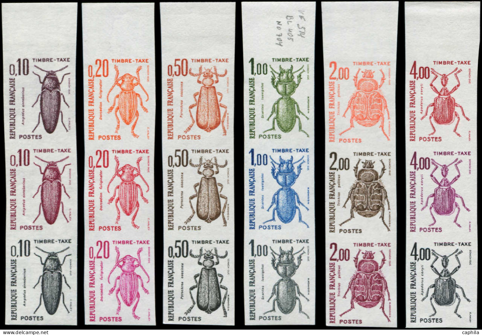 FRANCE Taxe ** - 103/08, 6 Bandes De 3 Essais De Couleurs Différents: Insectes, Coléoptères - 1960-.... Neufs