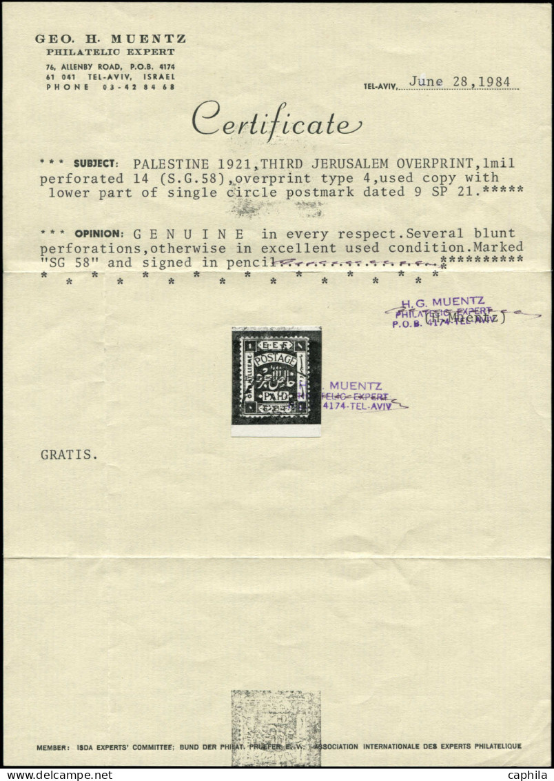 PALESTINE Poste O - 26B, Dentelé 14, Jérusalem III, Certificat Photo Muentz (25 Exemplaires Connus): 1m. Sépia - Cote: 4 - Palestine