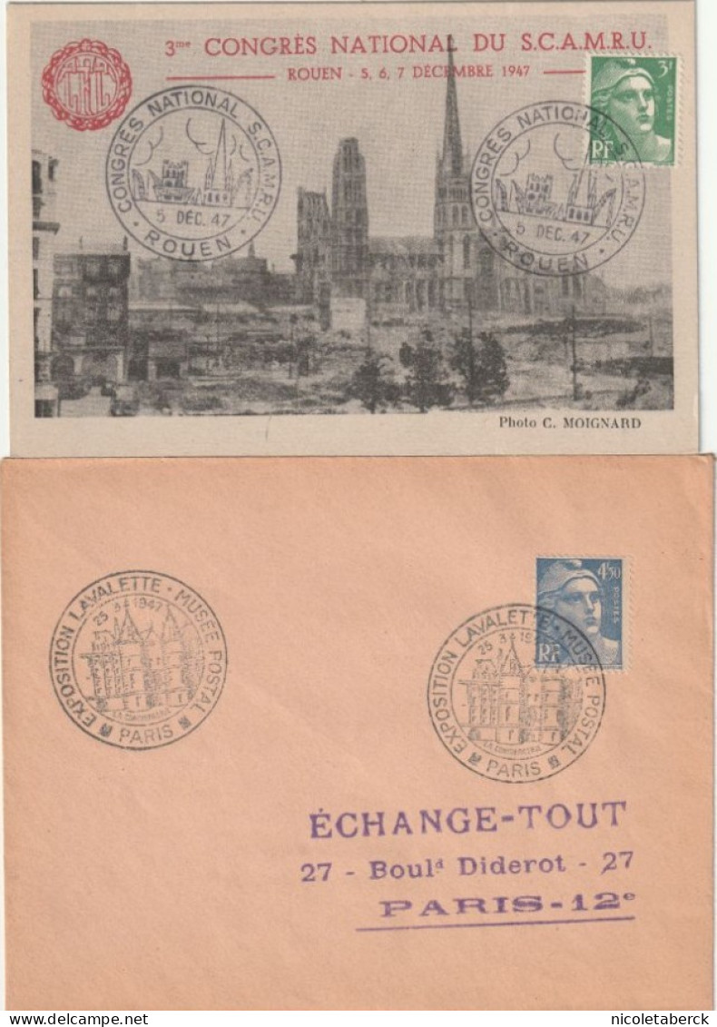 Gandon  Obl: Exposition Lavalette Paris + Carte Du Congrès S.C.A.M.R.U à Rouen . Collection BERCK. - 1945-54 Marianne De Gandon
