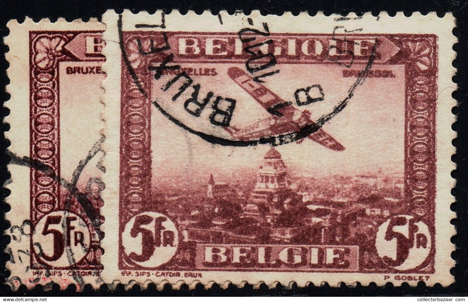 Belgium Airmail Stamp With A Blurred Defective Printing Error Two Stamps One For Comparison - 1901-1930