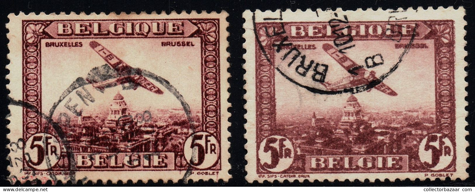 Belgium Airmail Stamp With A Blurred Defective Printing Error Two Stamps One For Comparison - 1901-1930