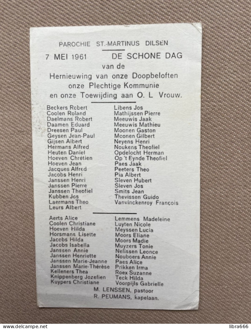 Communie 1961 - DILSEN - Parochie St.-Martinus - M. LENSSEN, Pastoor - R. PEUMANS, Kapelaan - Communion
