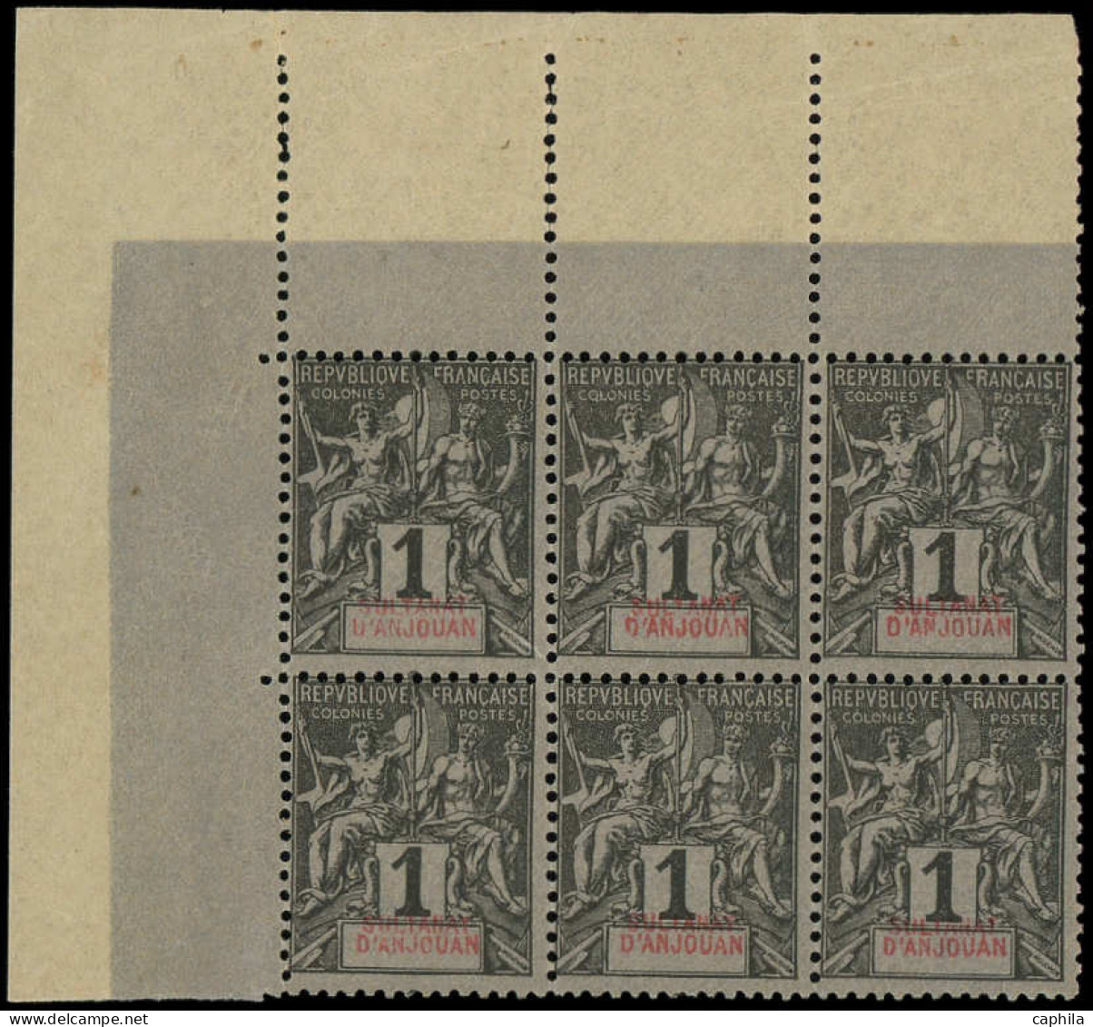 ANJOUAN Poste ** - 1a, Bloc De 6, Variété "sultanat" Hors Cartouche, Cdf: 1c. Noir Sur Azuré - Cote: (480) - Unused Stamps
