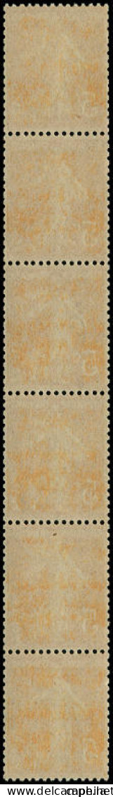 FRANCE Roulettes ** - 8, Bande De 6 Verticale: 5c. Semeuse Orange - Cote: 185 - Coil Stamps