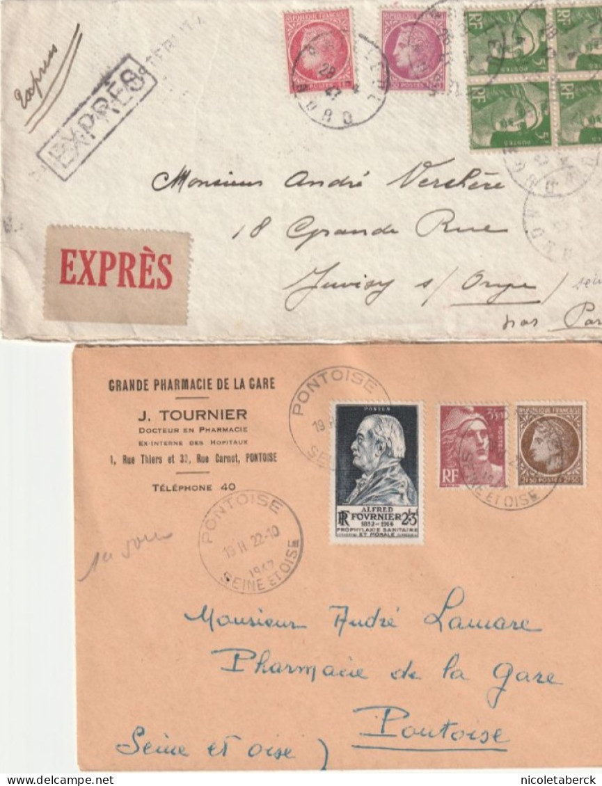 Gandon, Lettre Par Exprès Avec étiquette + Lettre à En-tête Pharmacie Pontoise. - 1945-54 Marianne De Gandon