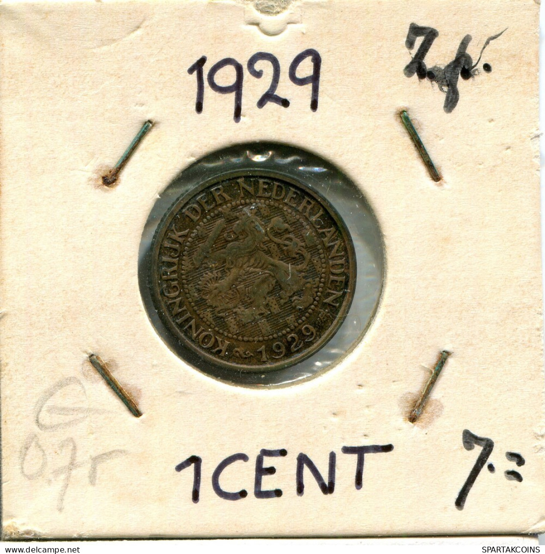 1 CENT 1929 INÉERLANDAIS NETHERLANDS Pièce #AU248.F.A - 1 Centavos