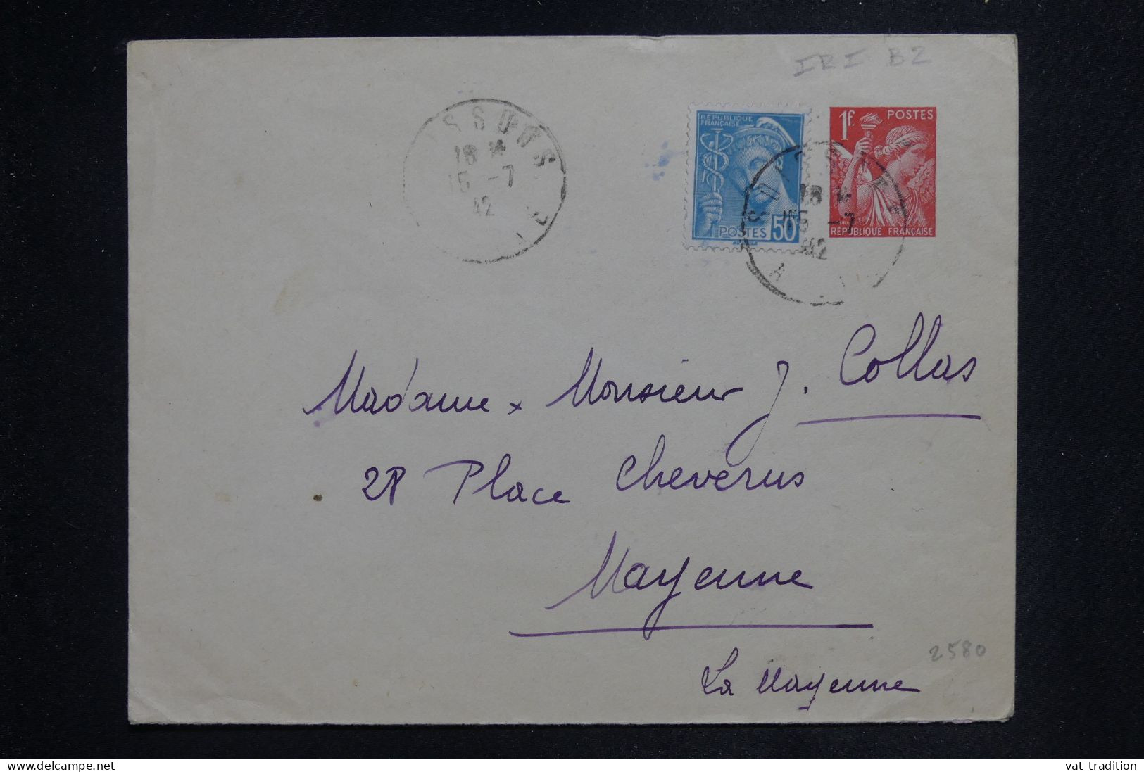 FRANCE - Entier Postal Iris + Complément De Soissons Pour Mayenne En 1942   - L 150797 - Buste Postali E Su Commissione Privata TSC (ante 1995)