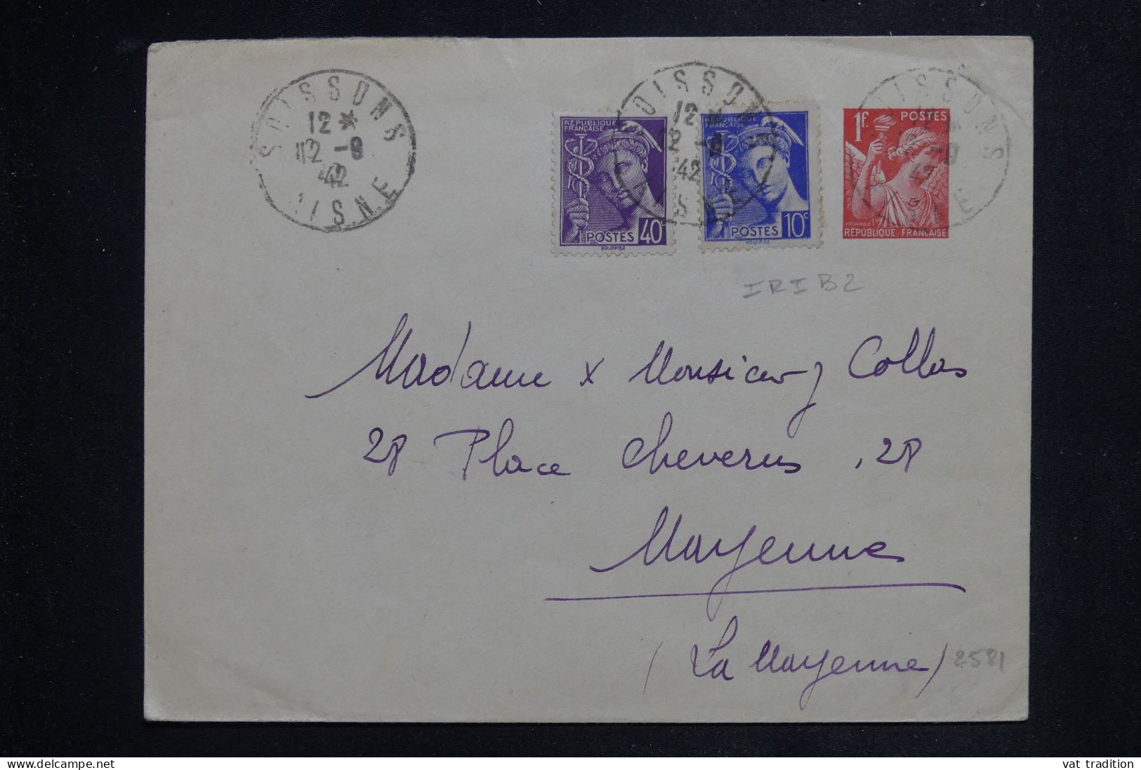 FRANCE - Entier Postal Iris + Compléments De Soissons Pour Mayenne En 1942   - L 150798 - Enveloppes Types Et TSC (avant 1995)