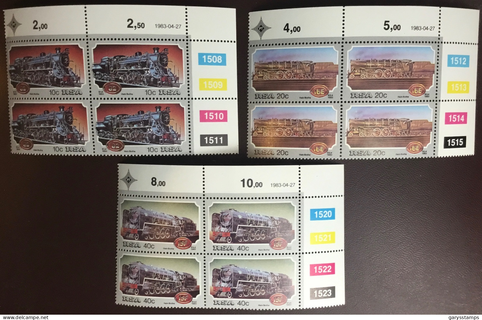 South Africa 1983 Steam Locomotives 3 Values Blocks Of 4 MNH - Nuovi