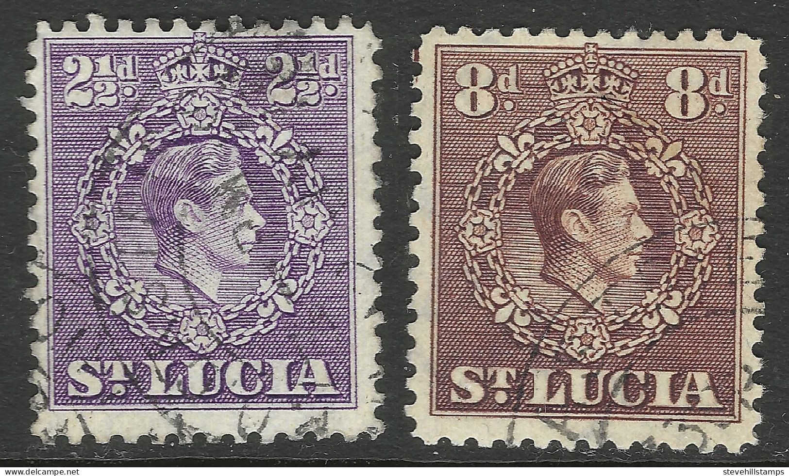 St Lucia. 1938-48 KGVI. 2½d, 8d Used.  SG 132b, 134c Etc. M3145 - St.Lucia (...-1978)