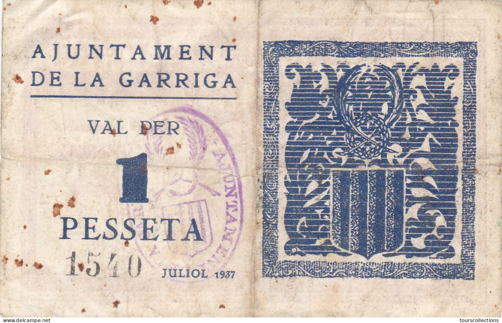 España, 1937 República, Billete De 1 Pesseta Ajuntament De La Garriga Catalunya - BARCELONA N° 1540 - 10 Peseten