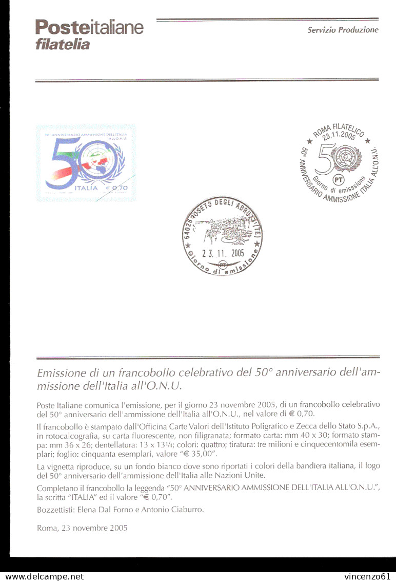 2005 Bollettino Cinquantenario Dell'ammissione Dell'Italia All'O.N.U. - ONU