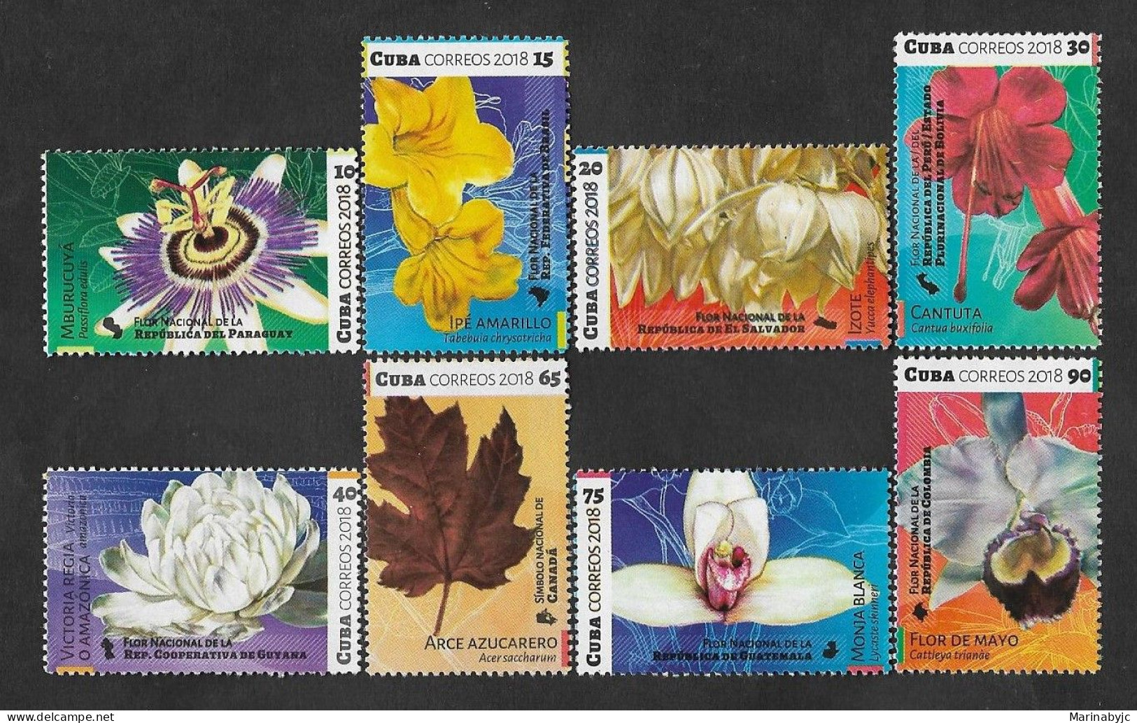 SE)2018 CUBA, FROM THE FLORA SERIES, COMPLETE SERIES OF NATIONAL FLOWERS OF AMERICA, 6 STAMPS MNH - Gebraucht