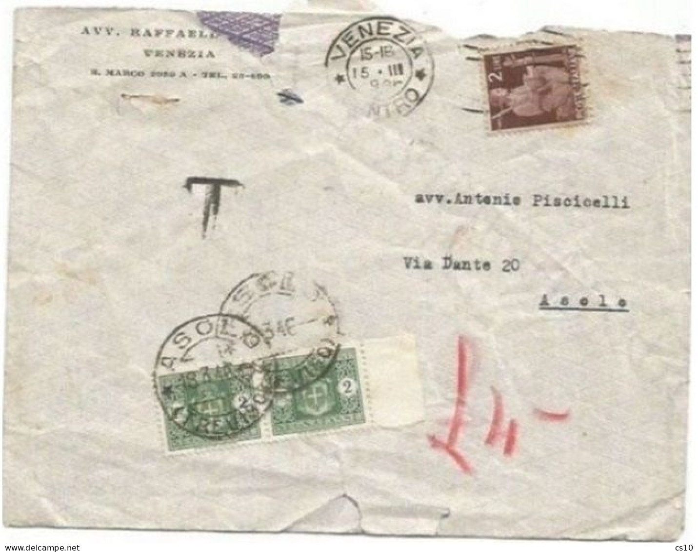 LUOGOTENENZA Democratica L.2 Busta Venezia 15mar1946 Tassata L.4 (L.2 In Coppia) - Postage Due