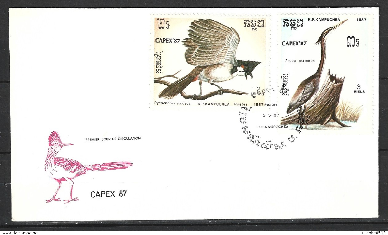 KAMPUCHEA. N°742-3 Sur Enveloppe 1er Jour (FDC) De 1987. Héron/Bulbul. - Picotenazas & Aves Zancudas