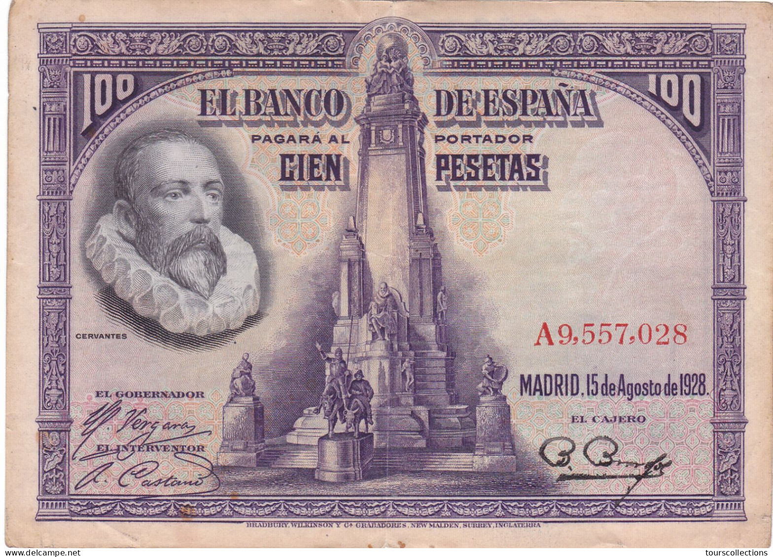 ESPAGNE - 100 PESETAS 1928 - CERVANTES N° Série A9557028 - 100 Pesetas