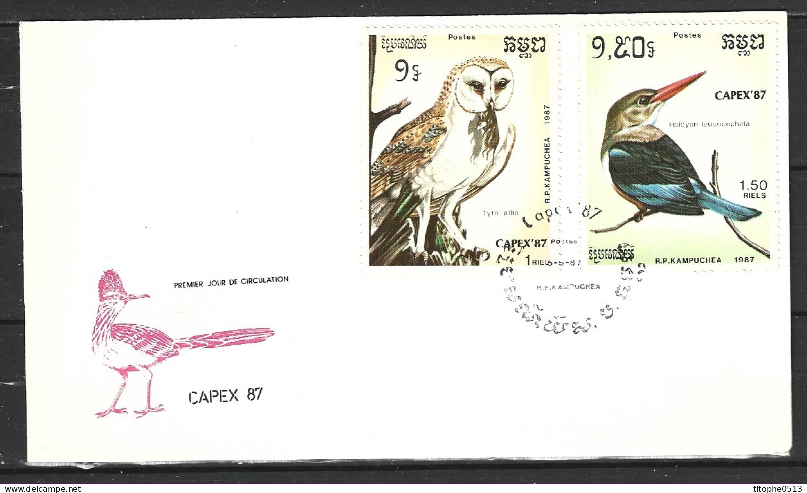KAMPUCHEA. N°740-1 Sur Enveloppe 1er Jour (FDC) De 1987. Effraie/Martin-chasseur. - Owls