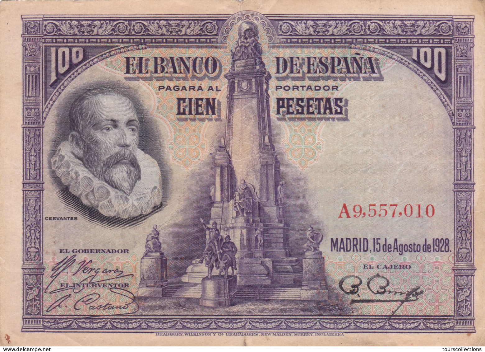 ESPAGNE - 100 PESETAS 1928 - CERVANTES N° Série A9557010 - 100 Pesetas