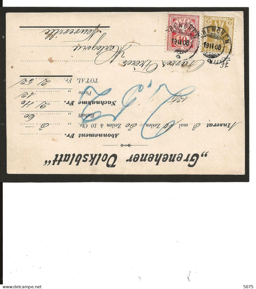 1908 Carte  Affr Mixte Z83 +z101 Obl Grenchen - Poststempel