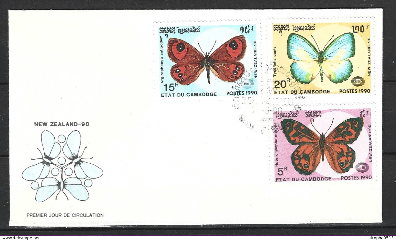 CAMBODGE. N°943 & 945-6 Sur Enveloppe 1er Jour (FDC) De 1990. Papillons. - Papillons
