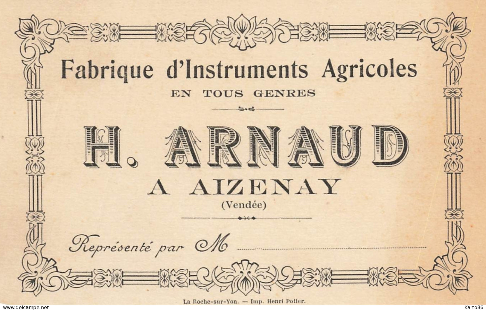 Aizenay * Fabrique D'instruments Agricoles H. ARNAUD * Agriculture * Carte De Visite Ancienne - Aizenay