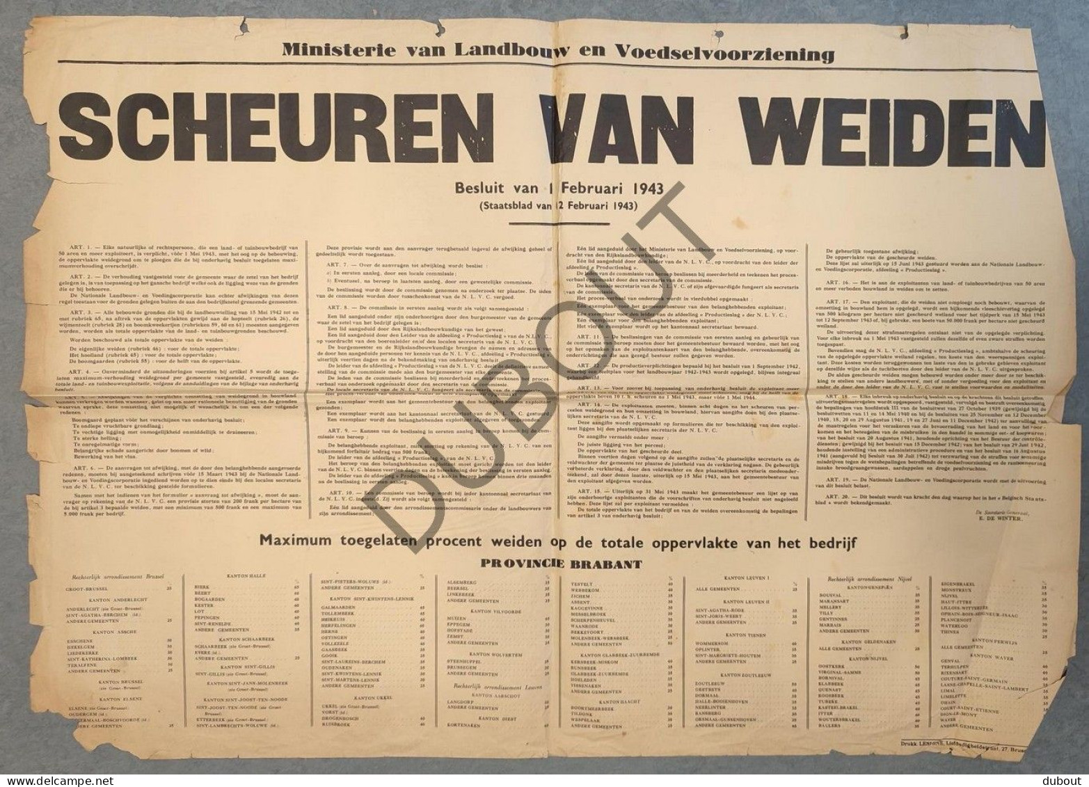 WOII - Affiche - 1943 Scheuren Van Weiden Provincie Brabant  (P383) - Posters