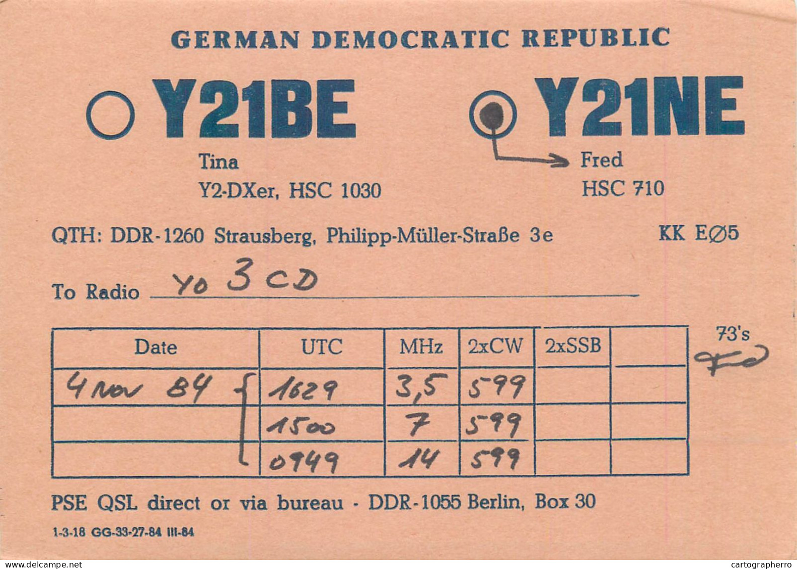 German Democratic Republic Radio Amateur QSL Card Y03CD Y21NE - Radio Amatoriale