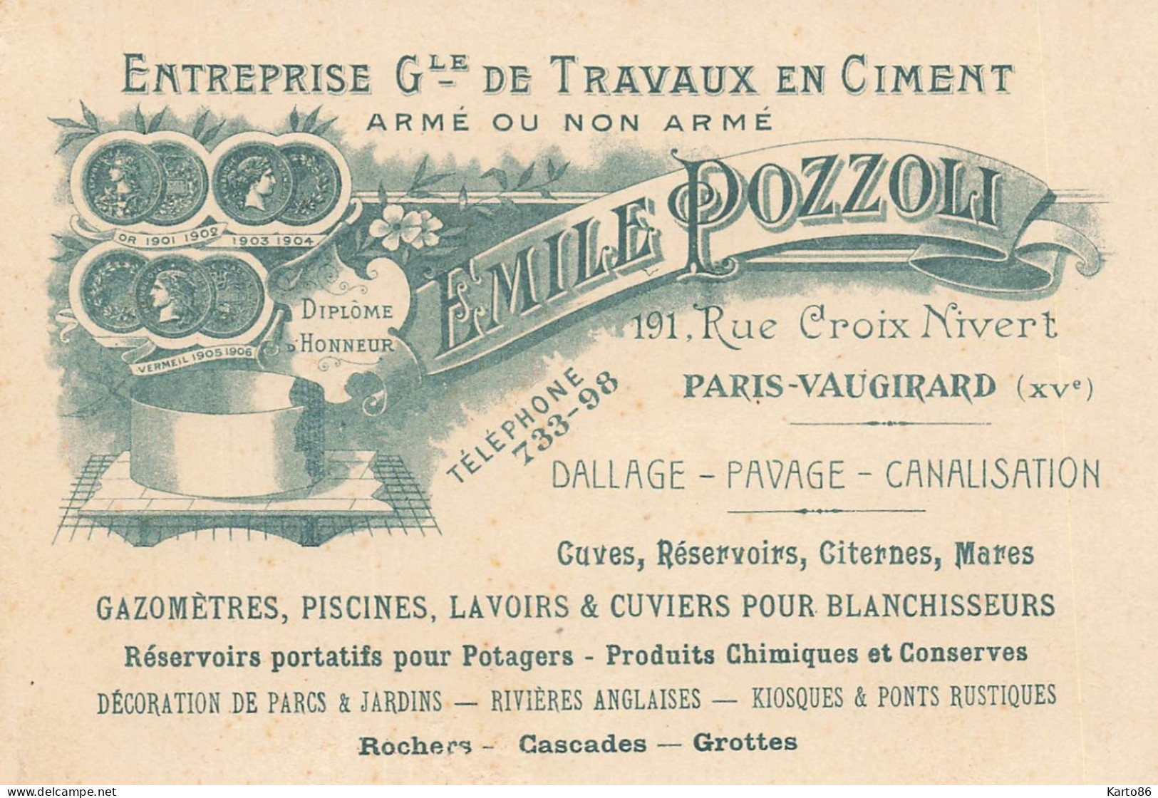 Paris 15ème * Entreprise Générale De Travaux En Ciment Emile POZZOLI 191 Rue Croix Nivert * Carte De Visite Ancienne - Arrondissement: 15