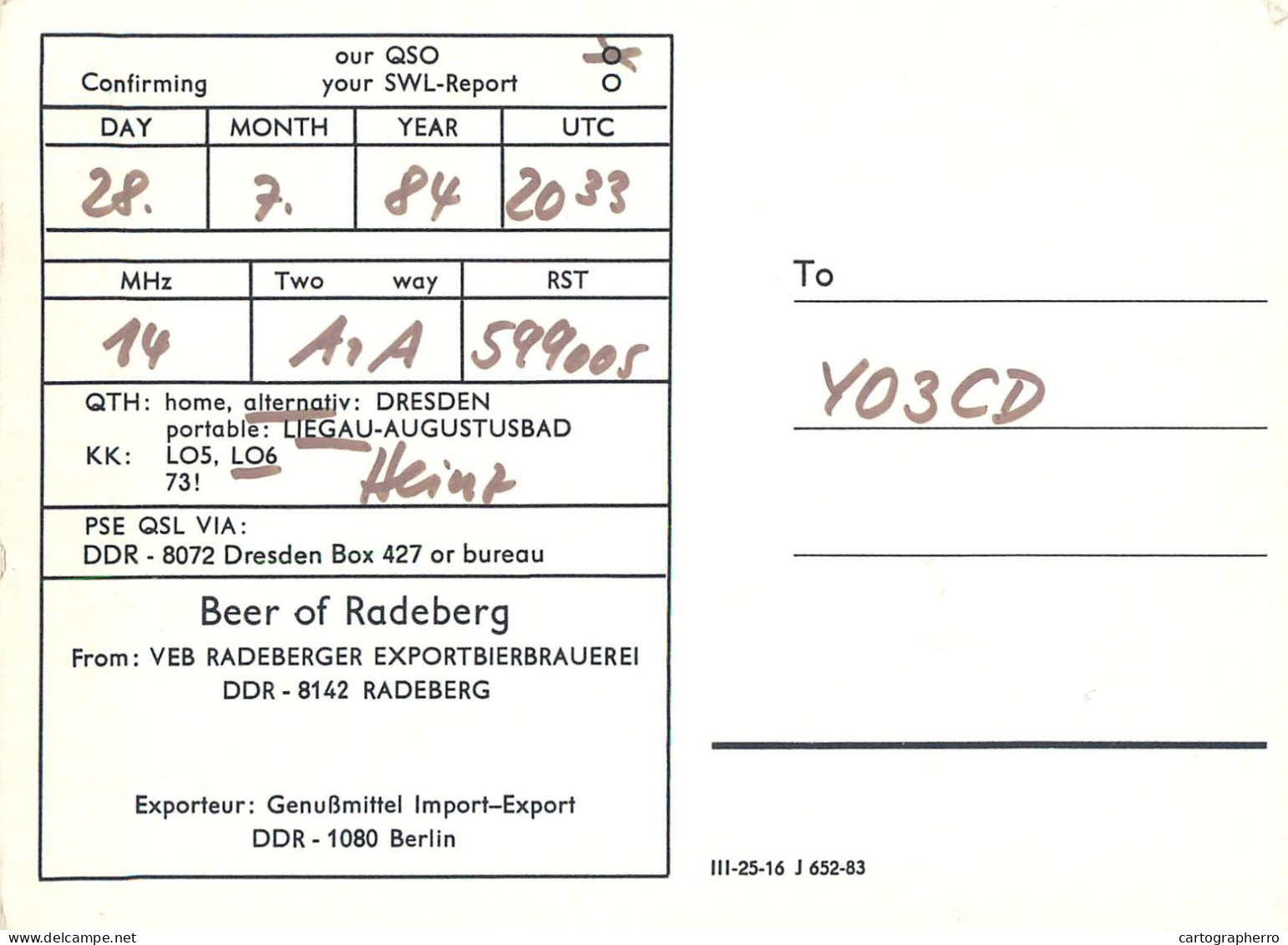 German Democratic Republic Radio Amateur QSL Card Y03CD Y21OL 1984 - Radio Amatoriale