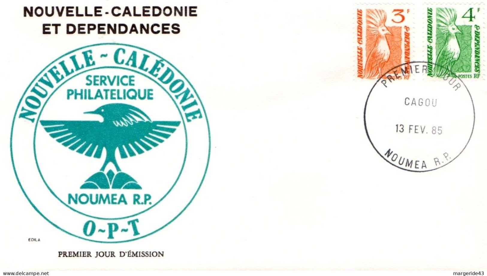 NOUVELLE CALEDONIE FDC 1985 CAGOU 3 ET 4 F - FDC