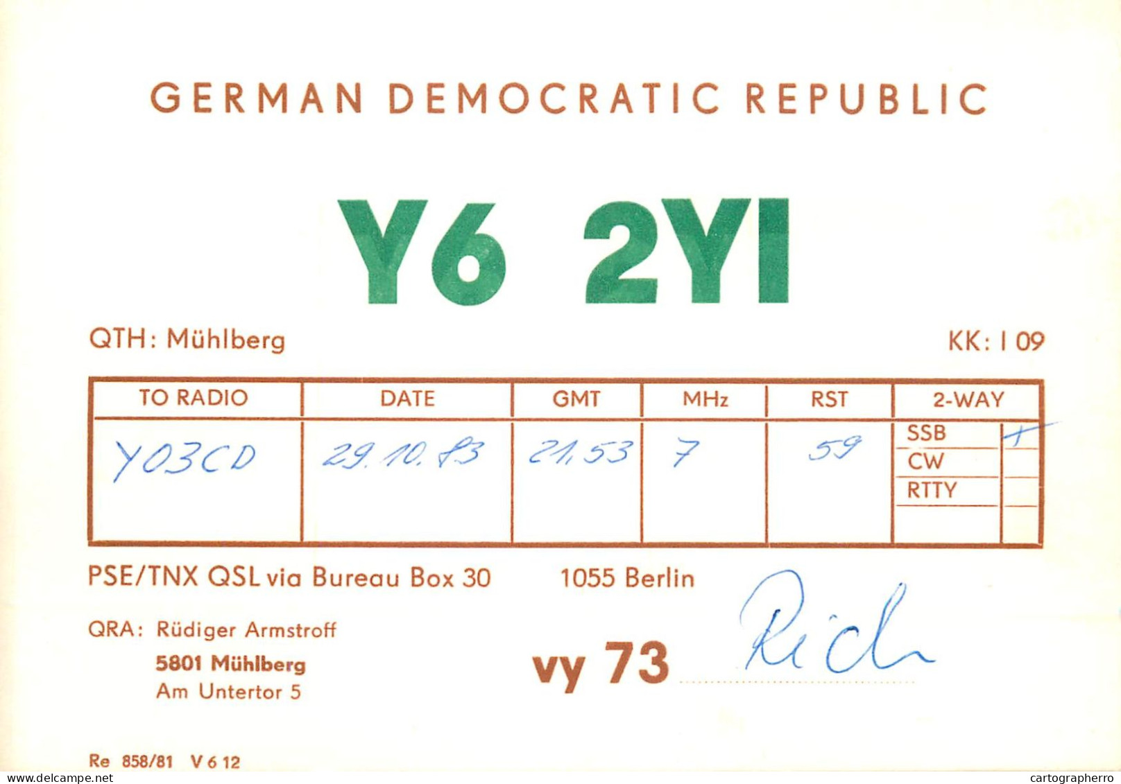 German Democratic Republic Radio Amateur QSL Card Y03CD Y62YI 1983 - Radio Amatoriale