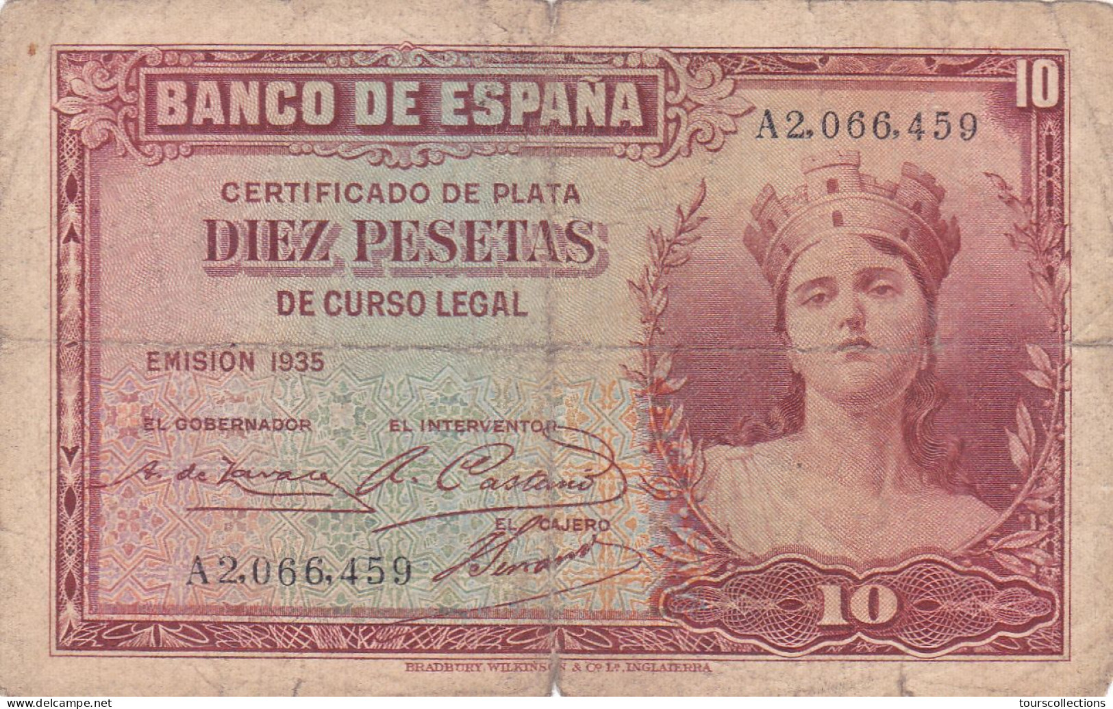 ESPAGNE - 10 PESETAS 1935 - Femme Couronnée Allégorie De La République N° Série A2066459 Série A - 10 Peseten