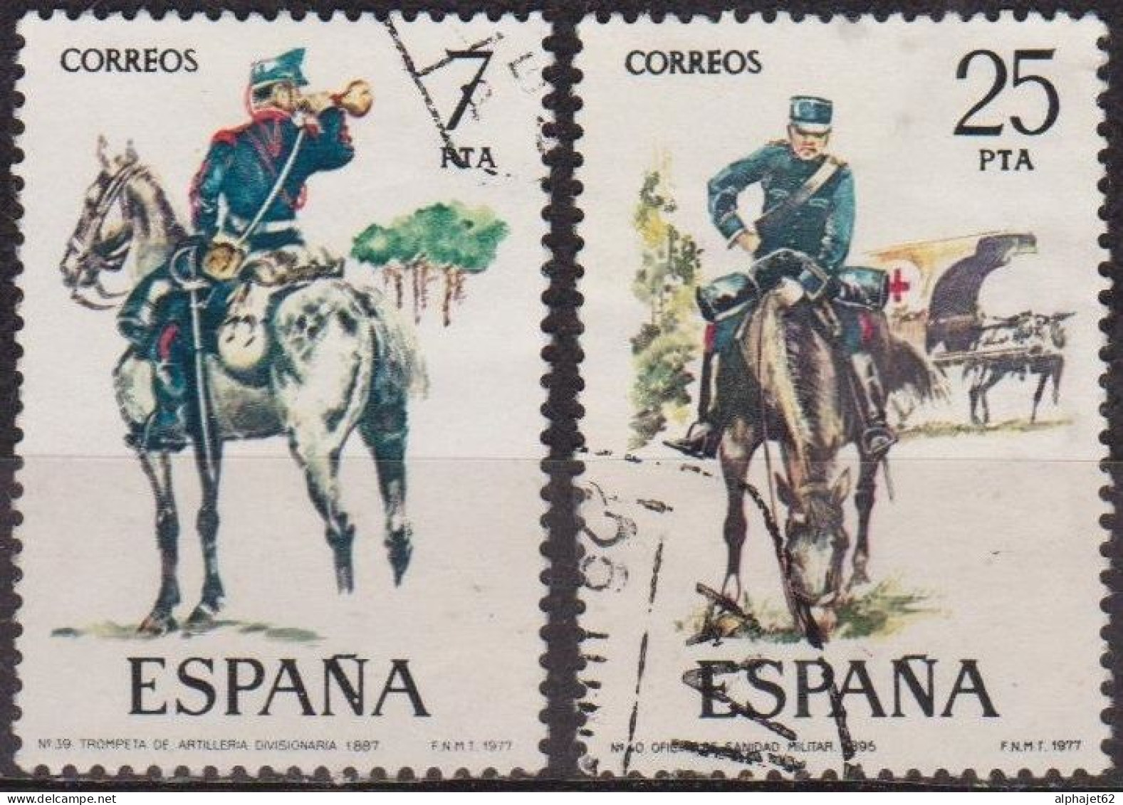 Armée, Soldats - ESPAGNE - Uniformes - Trompette D'artillerie, Officier De Santé - N° 2072-2073 - 1977 - Gebruikt