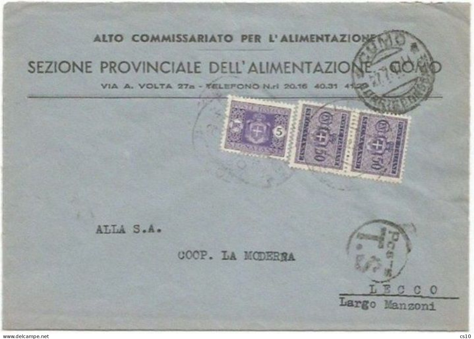 Segnatasse Luogotenenza L.5 + C.50 Coppia Tassa Carico Como X Città 23lug1947 - Strafport