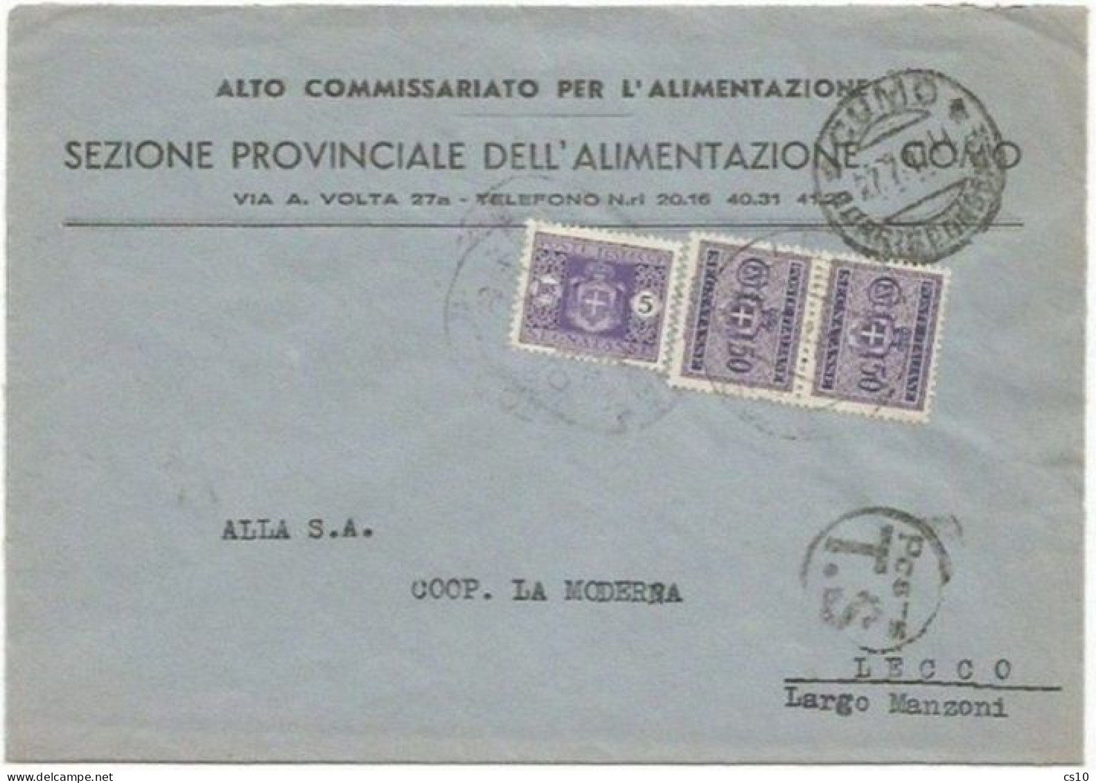 Segnatasse Luogotenenza L.5 + C.50 Coppia Tassa Carico Como X Città 23lug1947 - Taxe