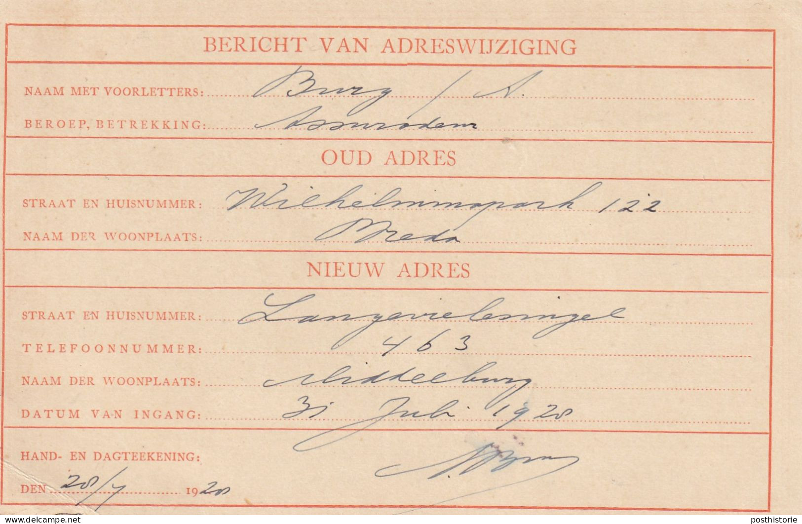 Adreswijziging 28 Jul 1928 Breda Parkstraat 2 (langebalk) - Postal History