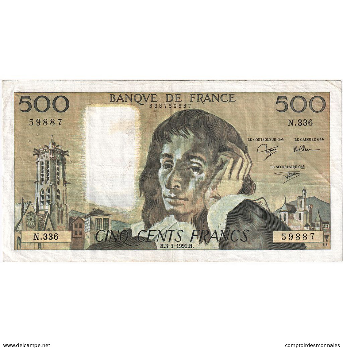 France, 500 Francs, Pascal, 1991, N.336, TTB, Fayette:71.46, KM:156h - 500 F 1968-1993 ''Pascal''